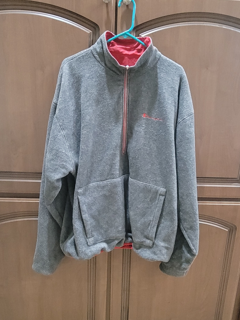 Men's Grey Half-Zip Fleece Pullover with Red Nylon Inside Reversible.